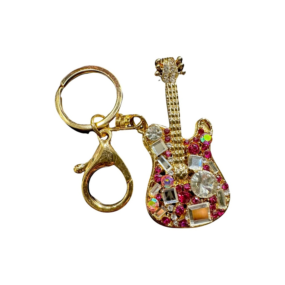 Bag Charm / Key Chain Rose gold GUITAR with sparkly stones
